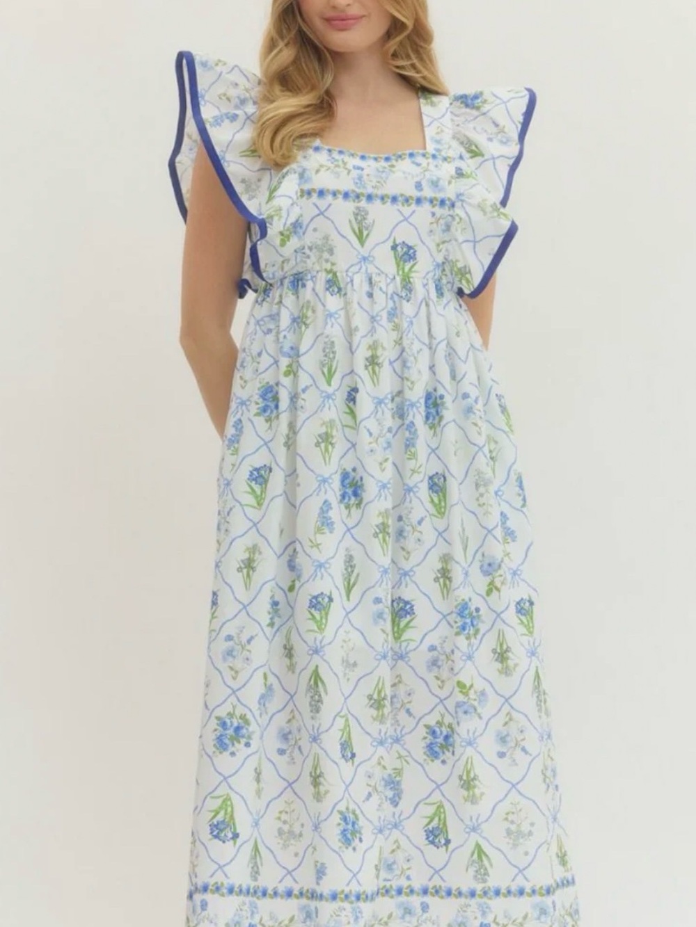 entro White Floral Midi Dress with Blue & Green Print